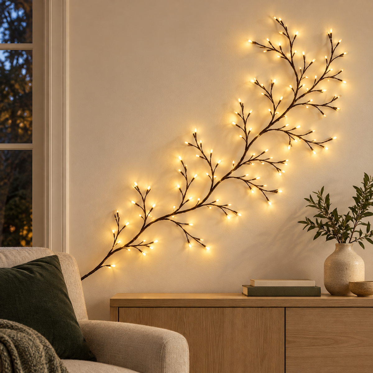 WillowGleam decorative branch light glowing on a living room wall at dusk